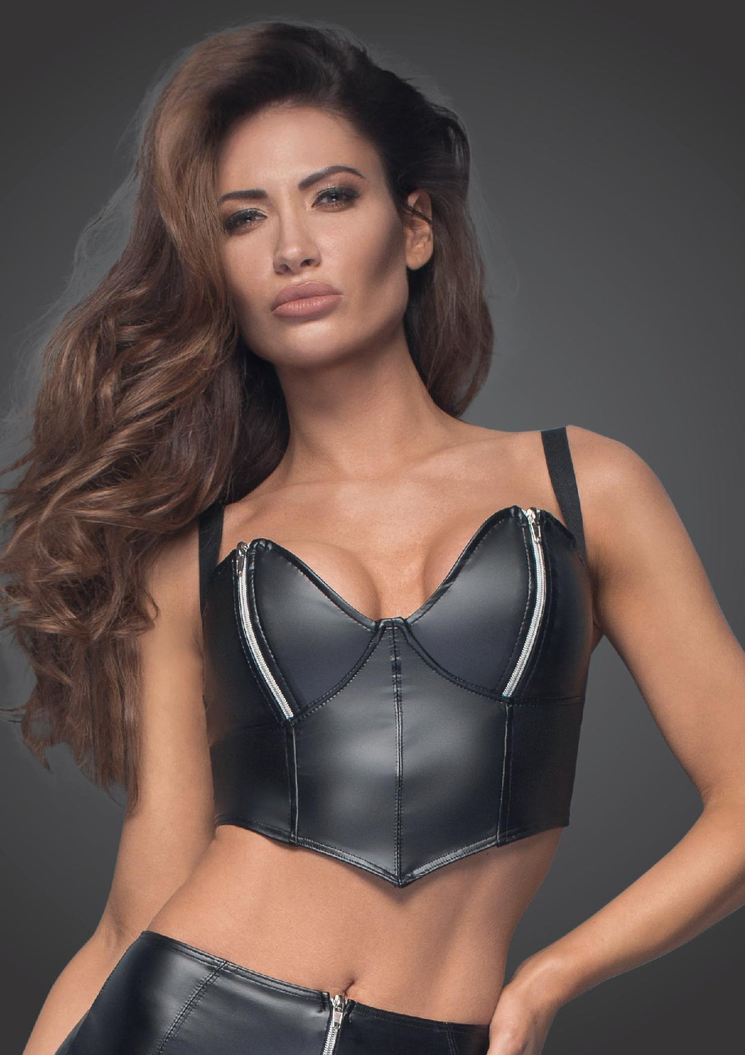 Wetlook top with silver zippers on breast