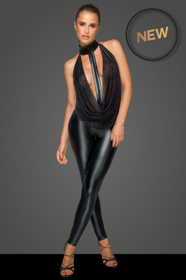 Wetlook Half Cut Jumpsuit with Tulle Top and Choker