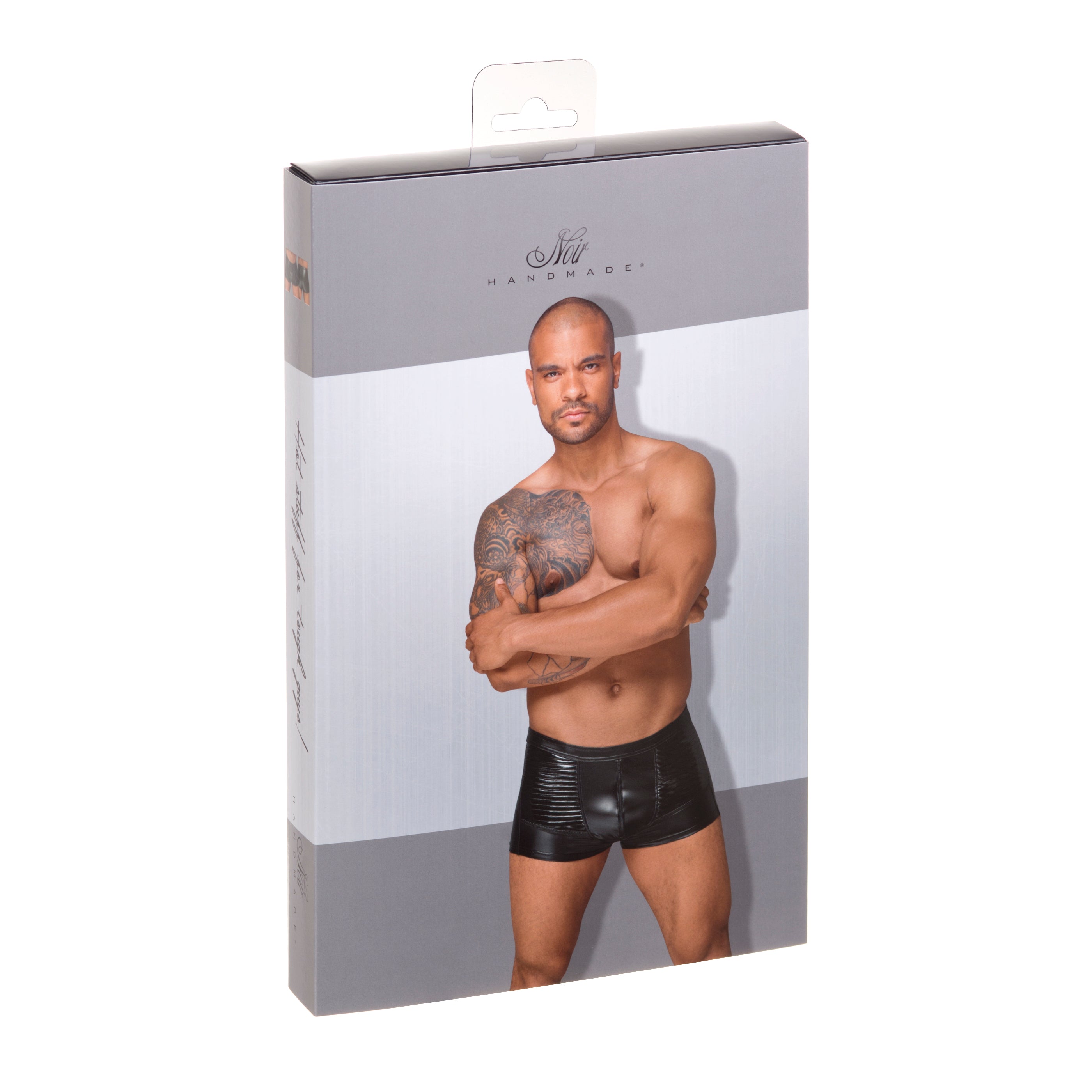 Wetlook Men's Shorts with Decorative PVC pleats Noirhandmade package